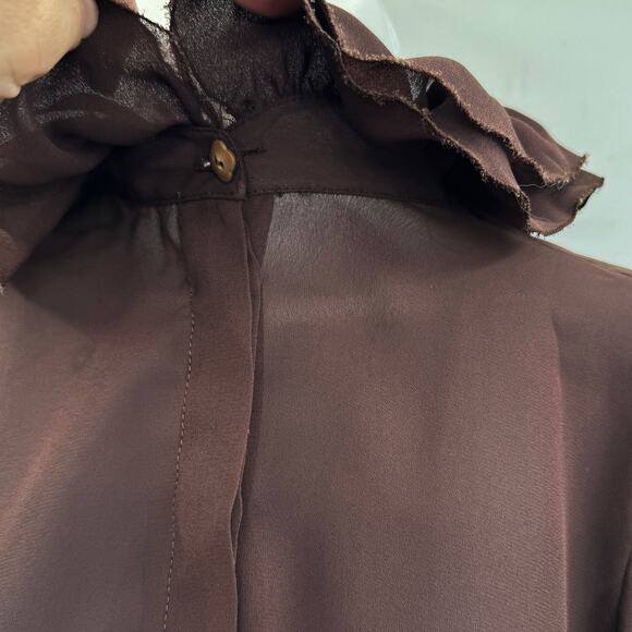 Vintage Augie Ruffle Neck Sheer Button Up Blouse S/M* Chocolate Brown Victorian - Picture 4 of 12